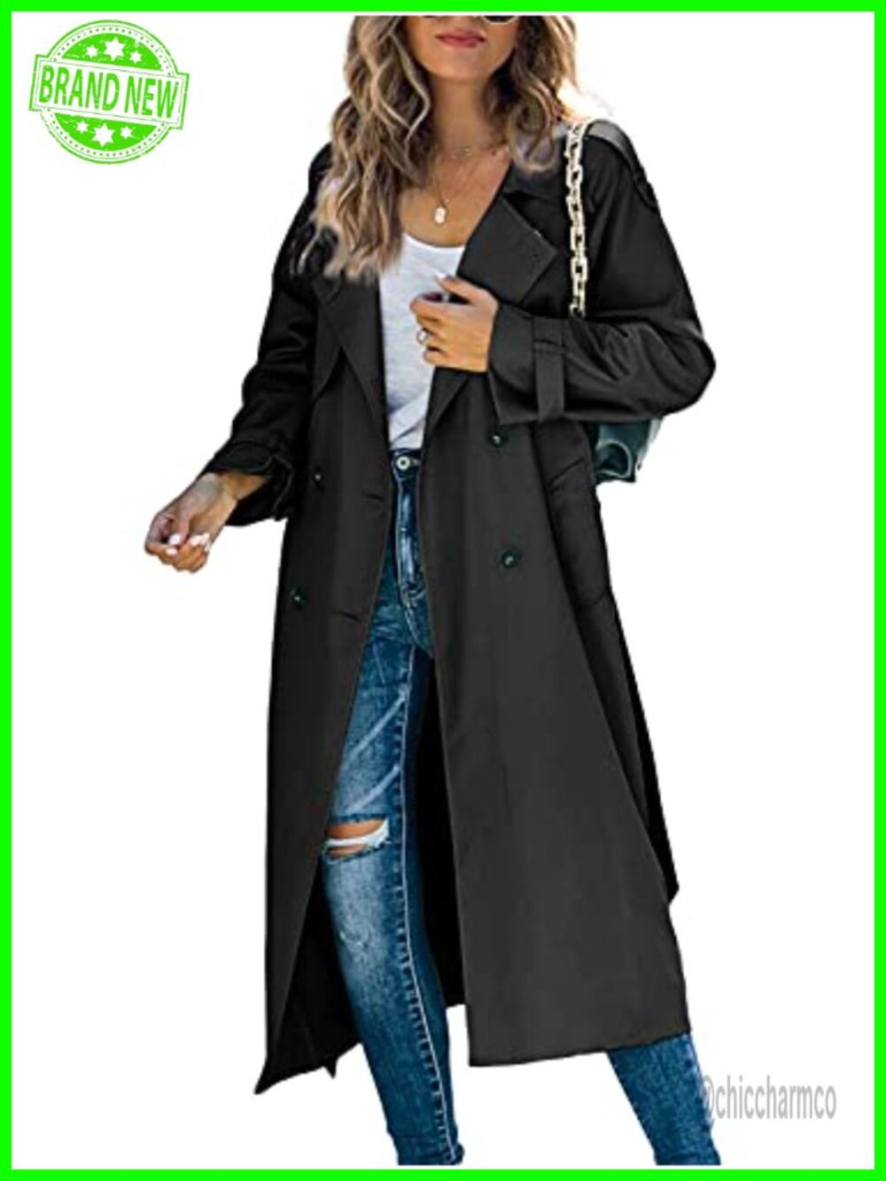 Women's Long Trench Coat Double Breasted Windproof Overcoat with Belt